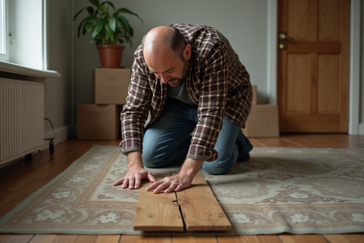 Homme d'âge moyen inspectant un parquet déformé dans un salon