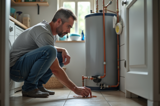 Homme d'âge moyen examine un chauffe-eau qui fuit dans une buanderie