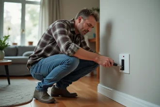 Homme d'âge moyen répare une prise électrique intérieure