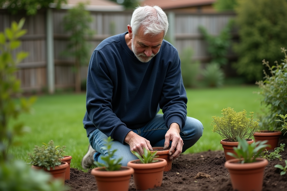 Homme en jardinage avec plantes d interieur dans un jardin
