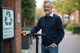 Homme d'âge moyen avec scooter électrique dans un environnement urbain