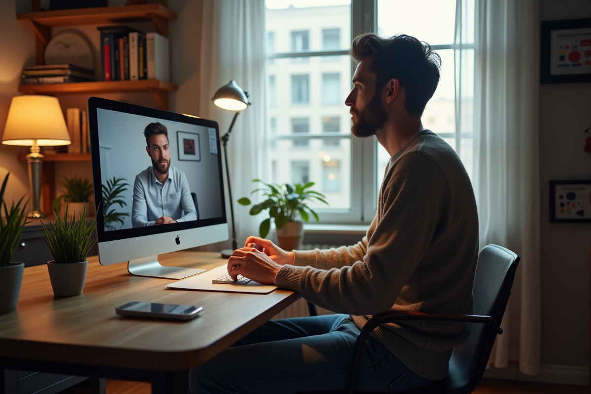 Homme en télétravail dans un bureau à domicile lumineux