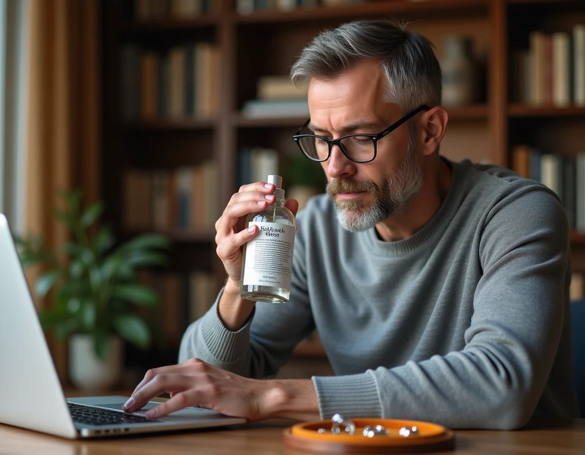 Homme avec des lunettes de lecture examinant l'étiquette d'un produit nettoyant pour bijoux en argent à son bureau avec des bijoux en argent posés sur un plateau en velours