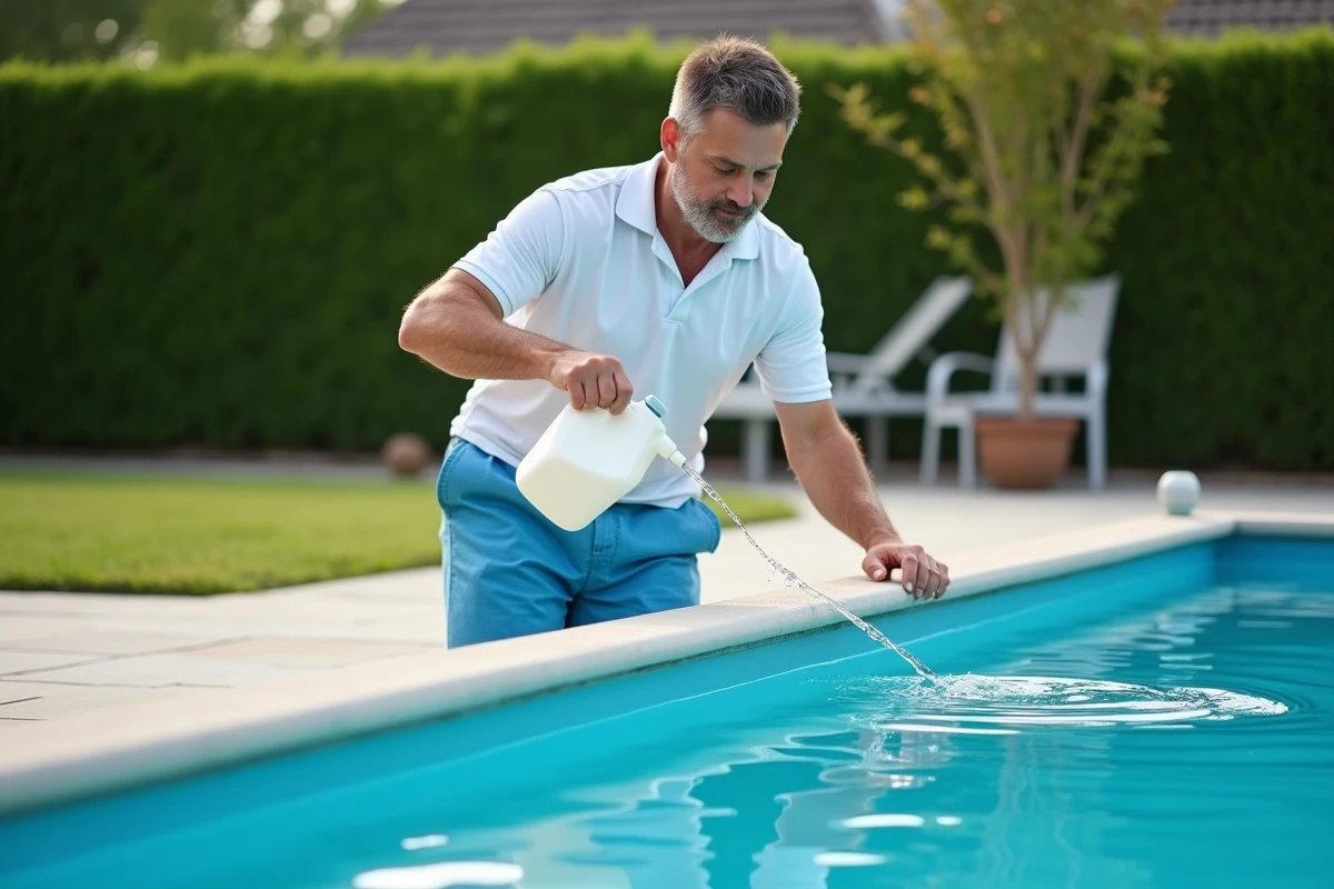 Homme versant de l'eau dans une piscine extérieure
