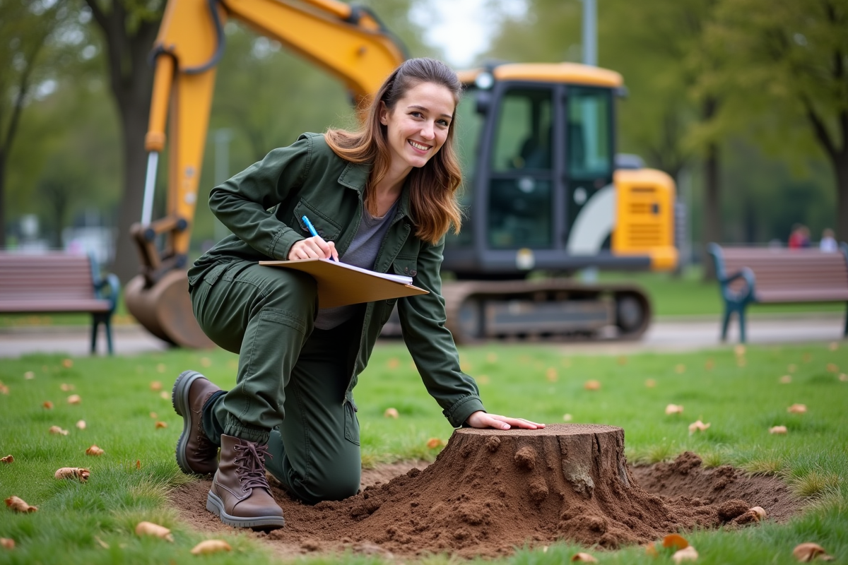 Femme horticultrice inspectant un site après extraction d