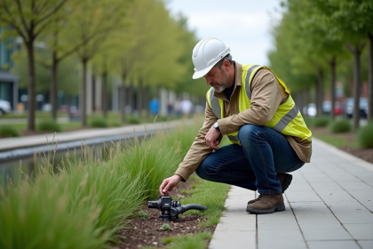 Ingénieur civil inspectant un jardin de pluie urbain