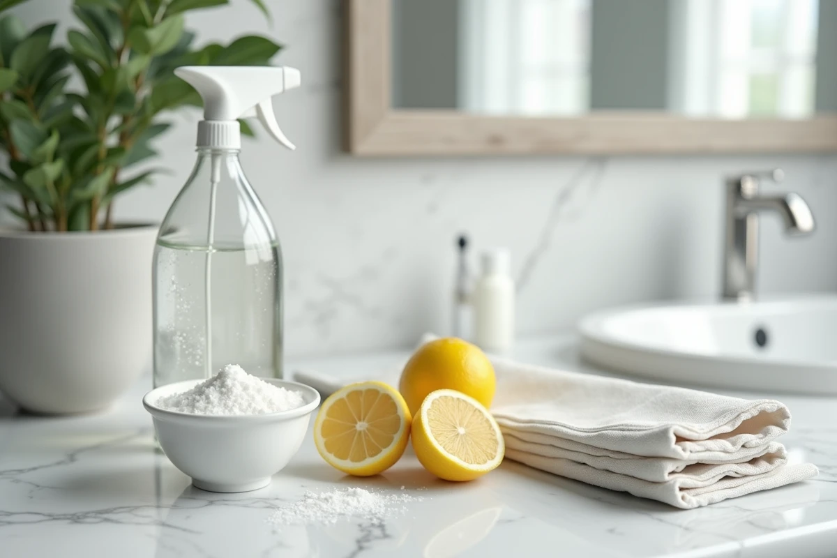 Produits ménagers naturels pour nettoyer un miroir sans traces : vinaigre, citron, bicarbonate et journal