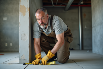 Hommes en travaux inspectant une fondation dans un sous-sol moderne
