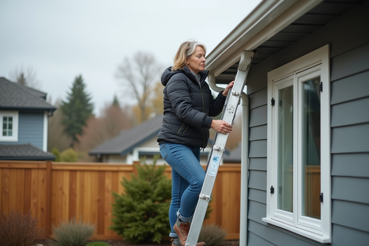 Femme vérifiant les gouttières et les tuiles de la maison