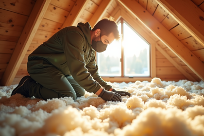 Inspecteur vérifiant l'isolation en cellulose dans un grenier lumineux
