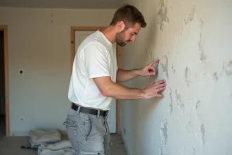 Artisan inspectant une surface murale abîmée avant la pose d'une toile enduit dans une pièce en cours de rénovation