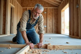 Charpentier inspectant une solive de plancher bois fissurée dans une maison en construction, erreur structurelle visible