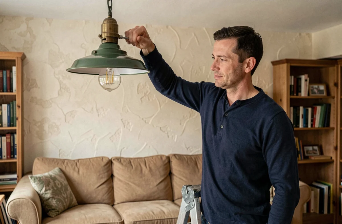 Homme installant une ampoule à petit culot E14 dans un luminaire suspendu de salon