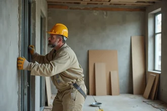 Ouvrier installant une cloison demi-stil en métal dans un appartement en cours de rénovation