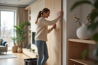 Jeune femme installant un panneau en bois dans un salon moderne