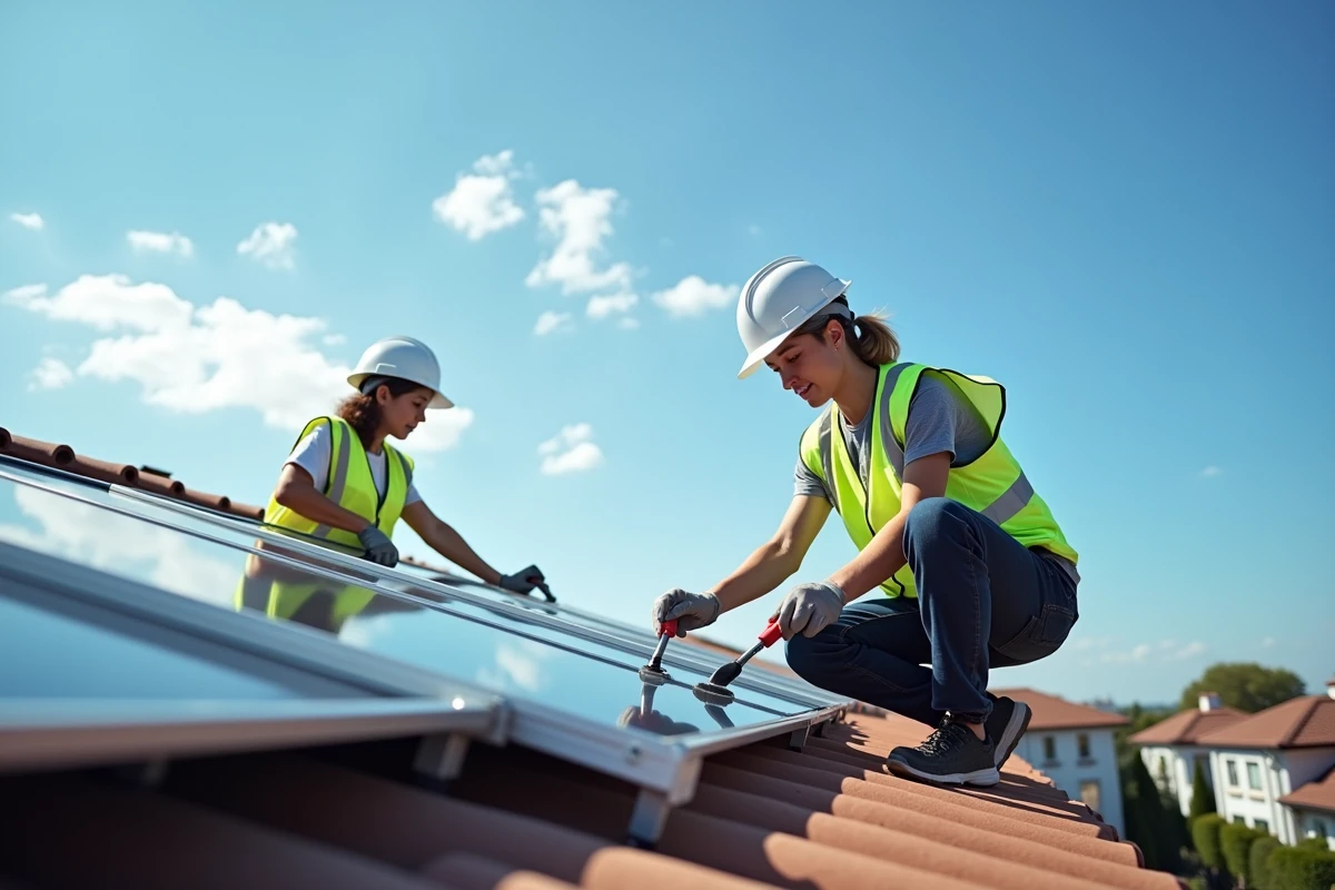 Deux techniciens installant des panneaux solaires thermiques sur le toit d'une maison dans le cadre d'une rénovation énergétique