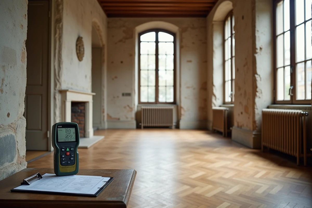 Intérieur d'une maison ancienne française avec outils de diagnostic énergétique posés sur une table lors d'une évaluation HabitatFuturVert