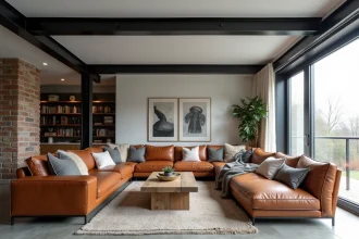 Salon moderne avec poutres IPN métalliques apparentes noires au plafond dans un intérieur industriel chic