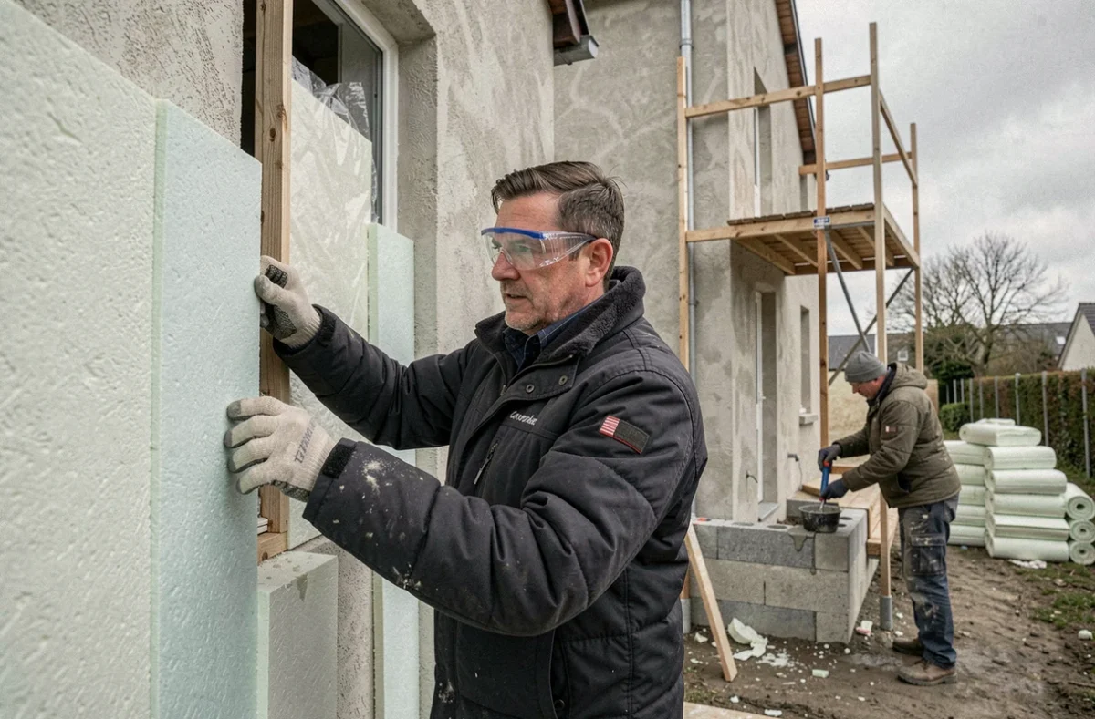 Artisan posant des panneaux d'isolation thermique sur la façade d'une maison en Ille-et-Vilaine pour Isol 22-35