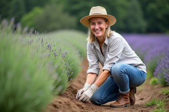 Femme souriante plantant de la lavande dans le jardin