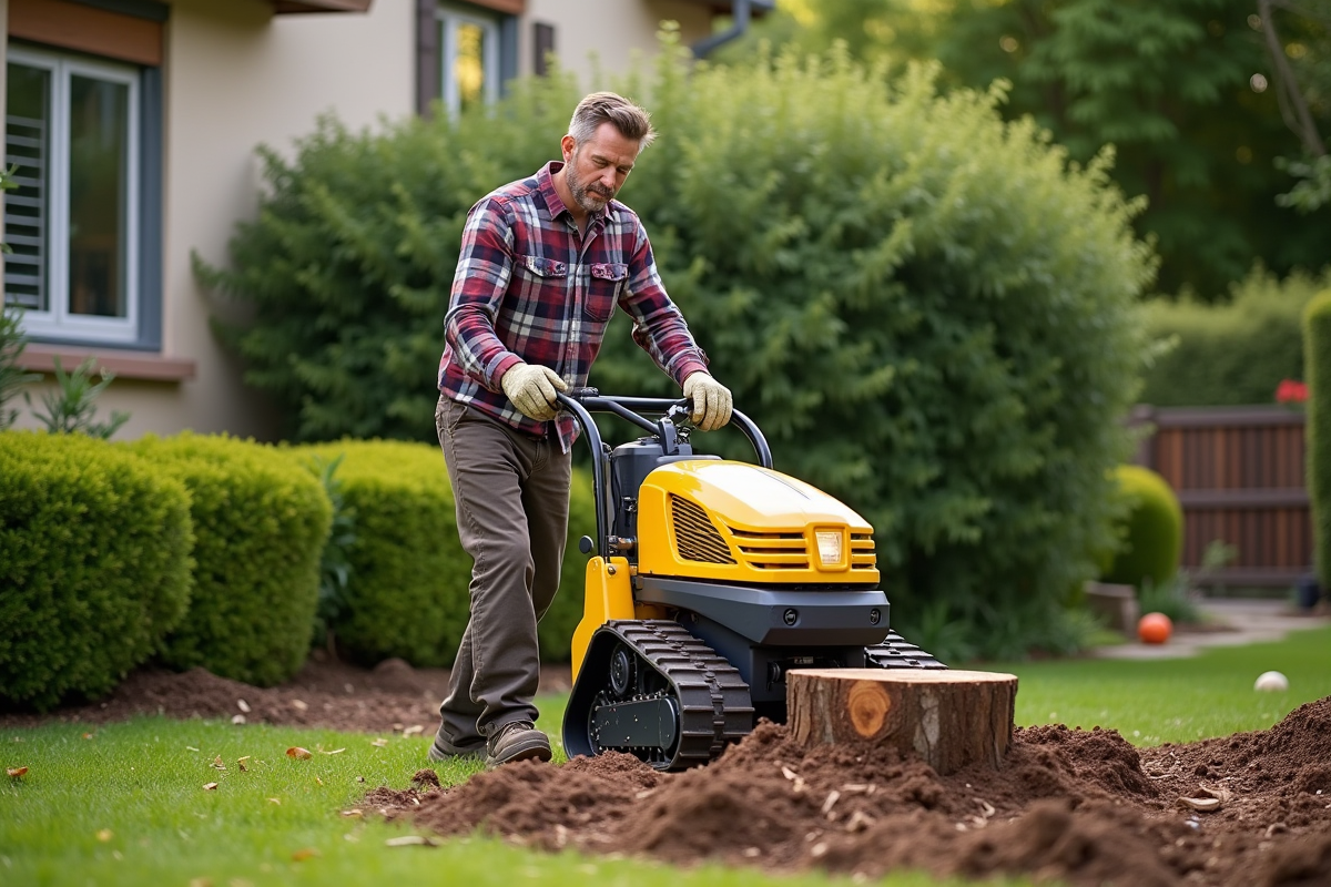 Homme jardinier utilisant un miniexcavateur pour enlever une souche d'arbre dans un jardin