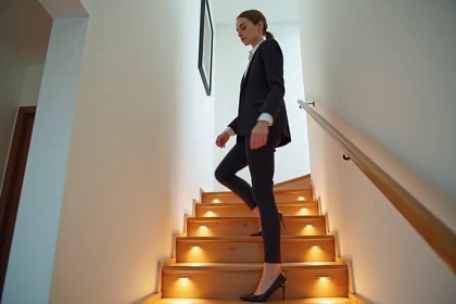 Jeune femme en business casual monte un escalier lumineux