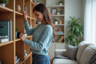 Jeune femme en bleu attache une fixation à une bibliothèque