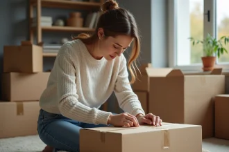Jeune femme emballant une boîte en carton pour déménagement