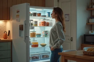 Jeune femme devant son frigo écoute un bruit suspect