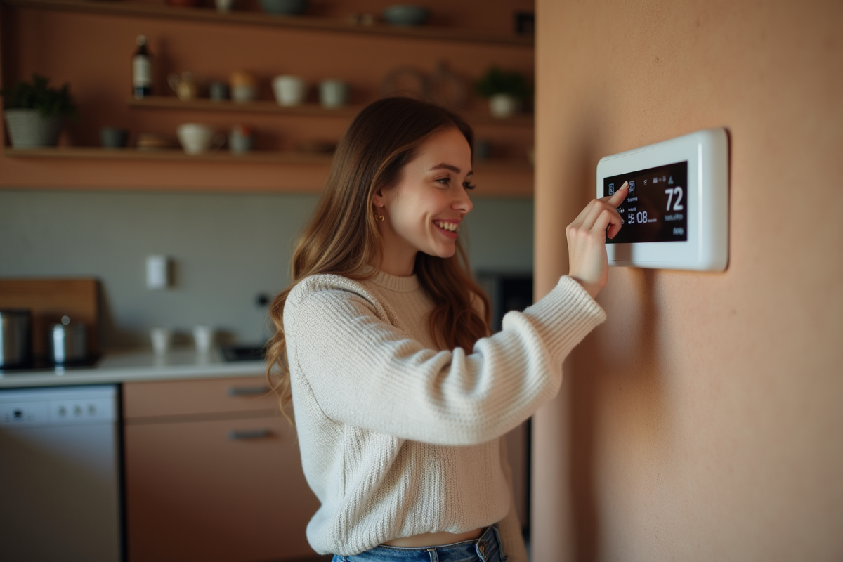 Jeune femme programmant un thermostat dans une cuisine écologique