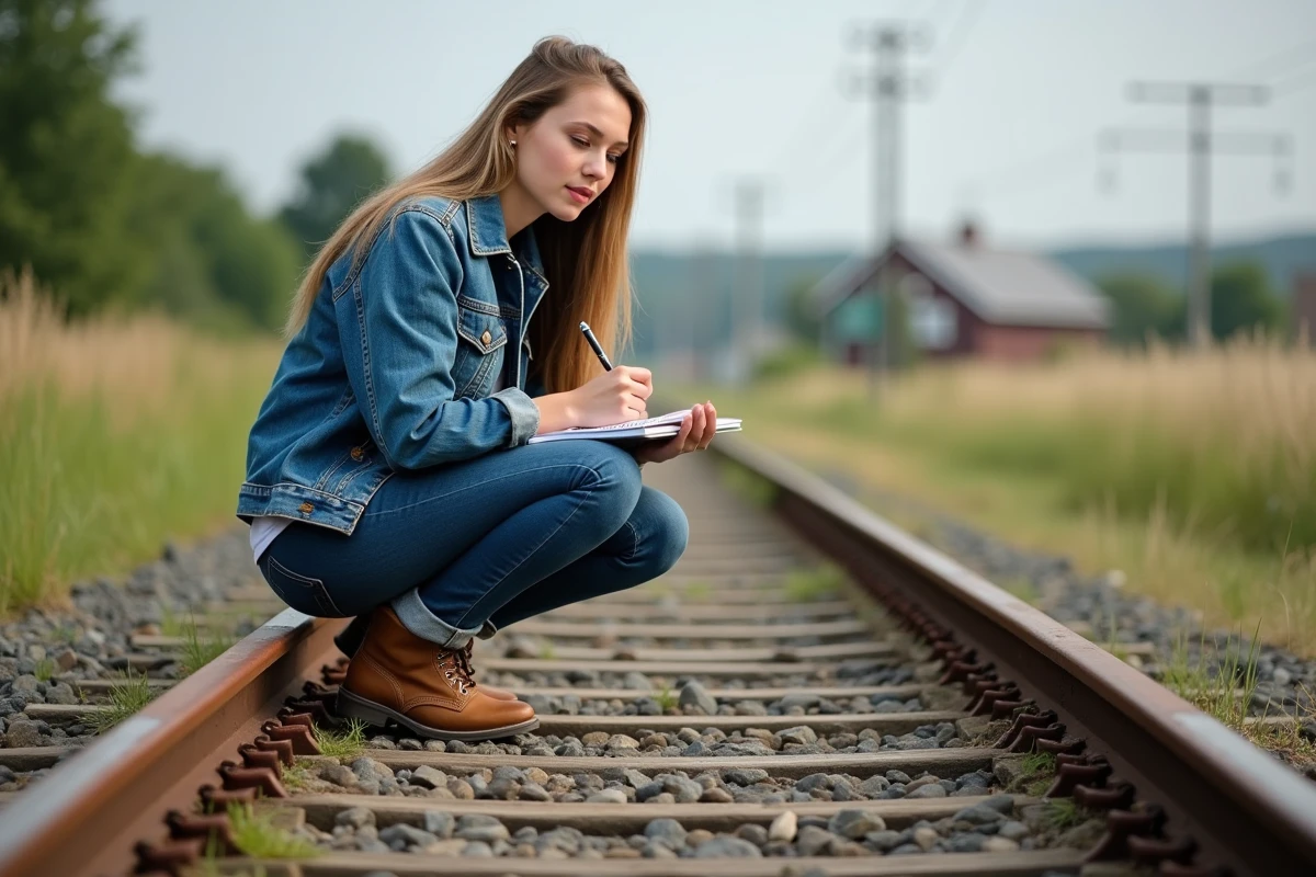 Jeune femme prenant des notes près de voies ferrées rurales
