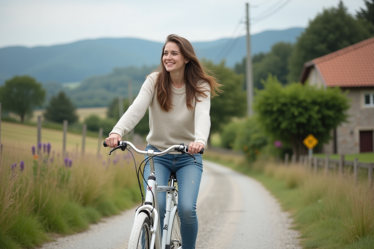 Jeune femme à vélo dans la campagne tranquille