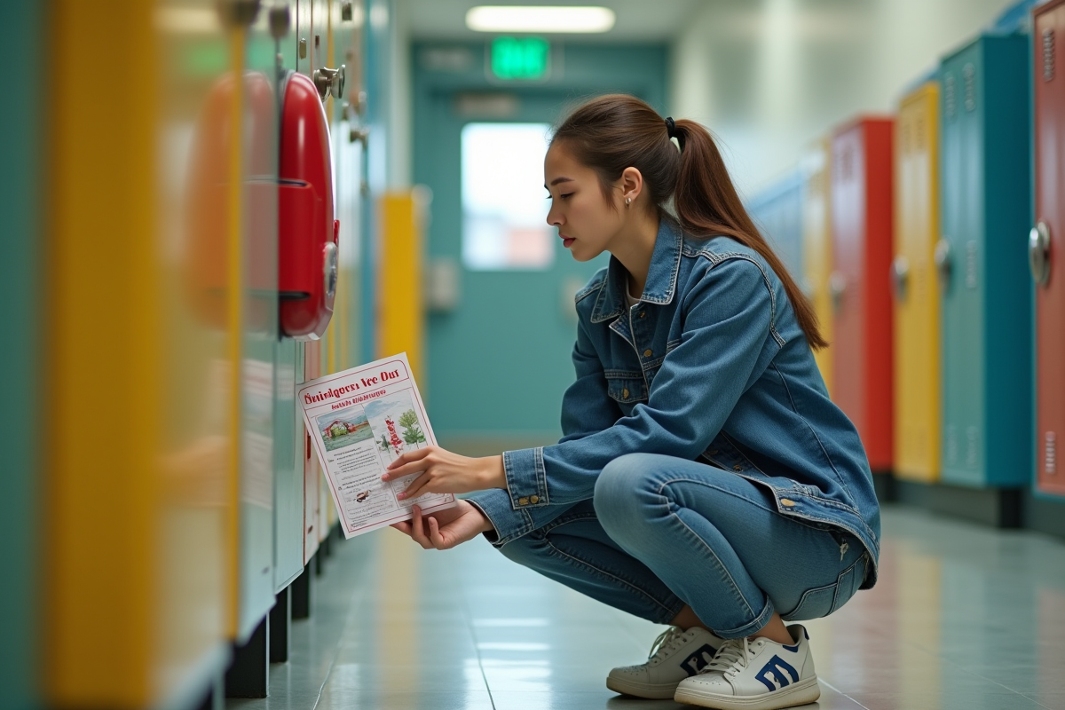 Jeune femme vérifie un kit d urgence dans un couloir d école