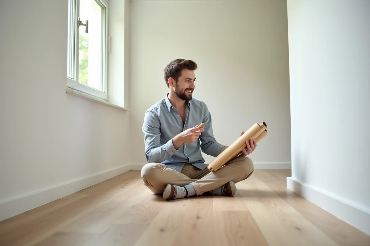 Jeune homme comparant un échantillon de parquet PVC au sol installé