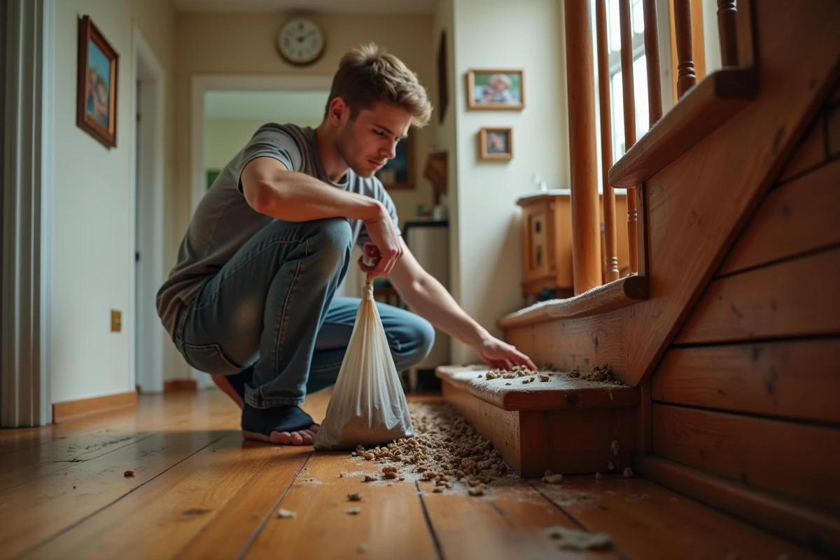Jeune homme nettoyant des asticots sous un escalier