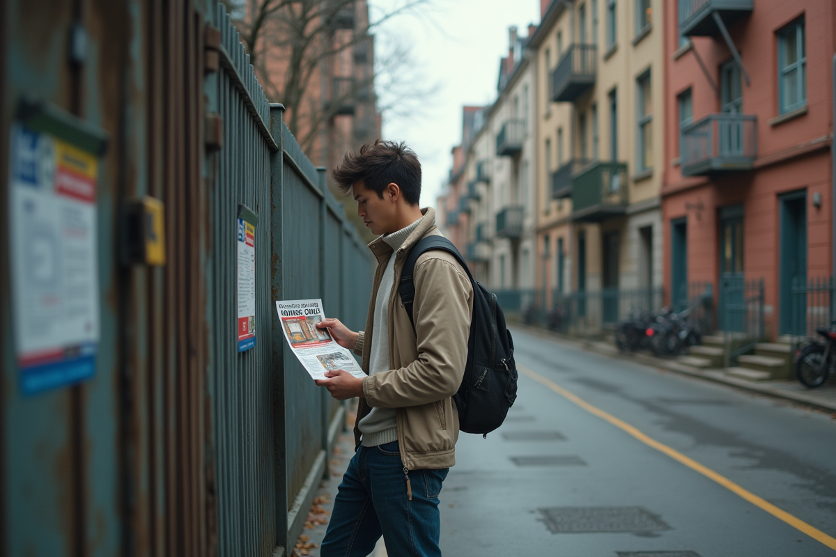 Jeune homme regardant une affiche de logement dans la rue