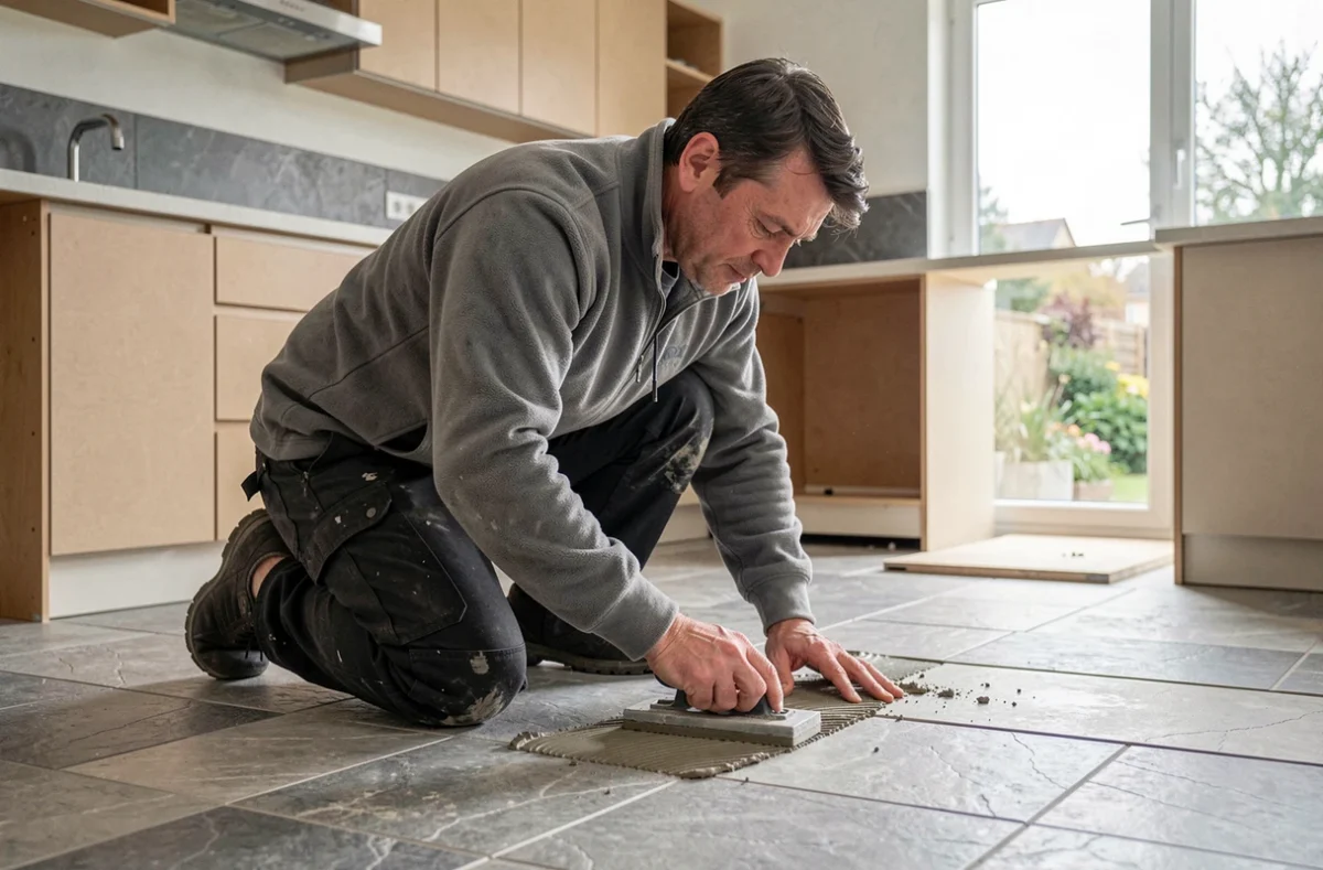 Carreleur appliquant le jointoiement sur un carrelage effet pierre dans une cuisine de maison pavillonnaire en Ille-et-Vilaine pour K M C