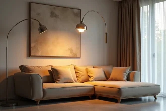 Lampe halogène sur pied à arc en nickel brossé dans un grand salon contemporain avec canapé sectionnel et sol en béton ciré