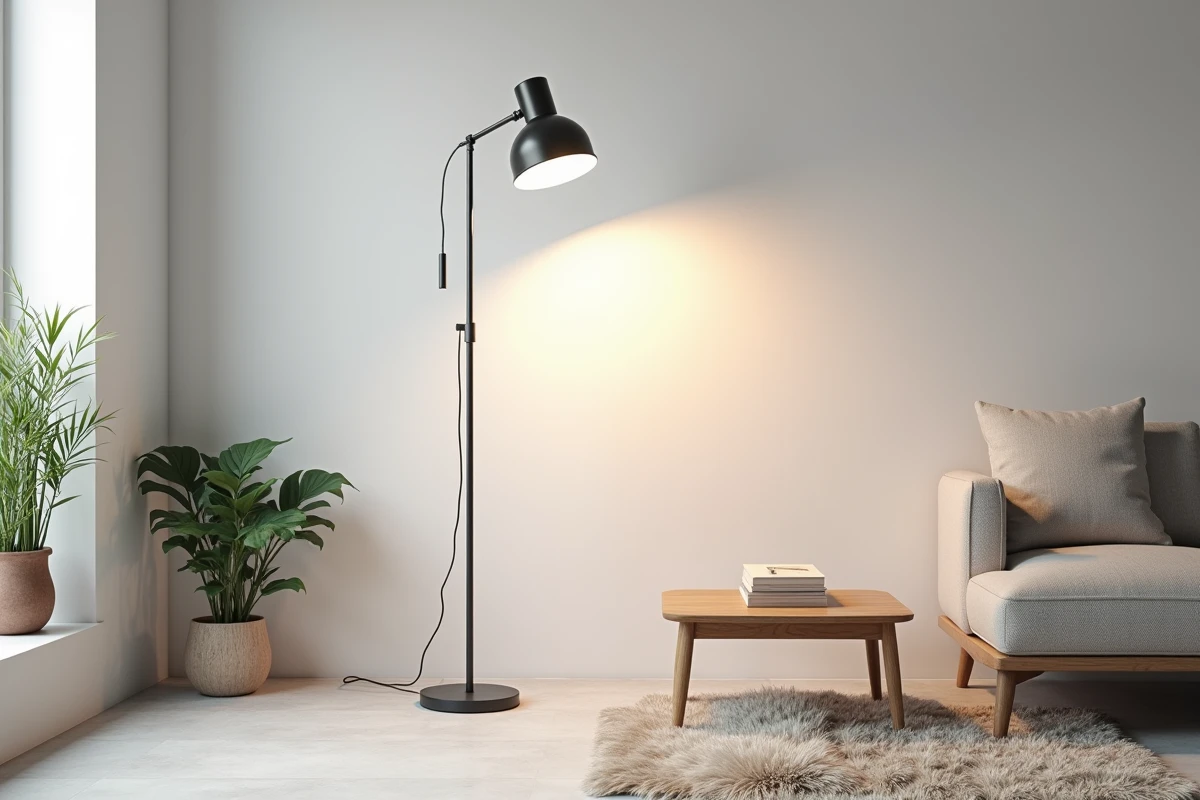 Lampe halogène torchère de style minimaliste dans un grand salon scandinave ouvert avec tapis en peau de mouton et plantes vertes