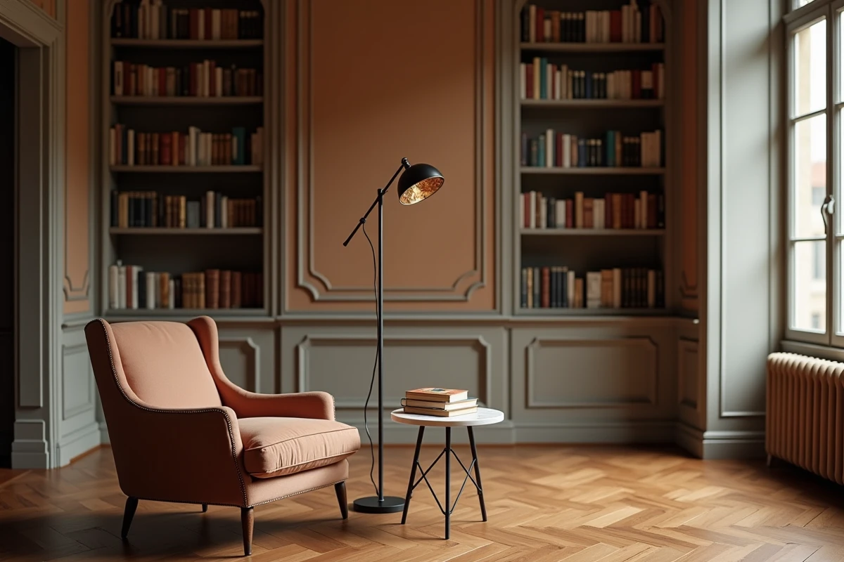 Lampe halogène sur trépied à côté d'un fauteuil de lecture dans un salon haussmannien avec parquet en chevrons et moulures