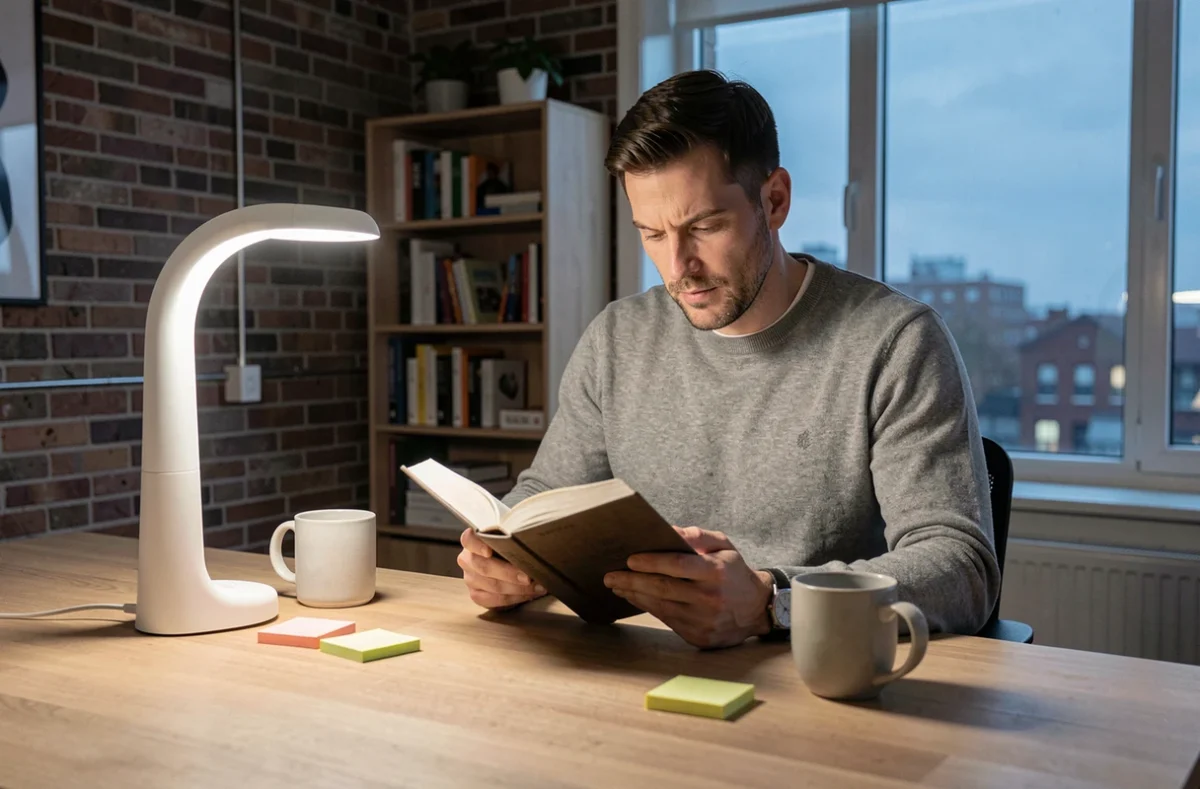 Homme lisant dans un bureau à domicile éclairé par une lampe tactile LED rechargeable blanche sur un bureau en bois
