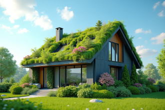 Maison écologique avec toit vert et jardin luxuriant