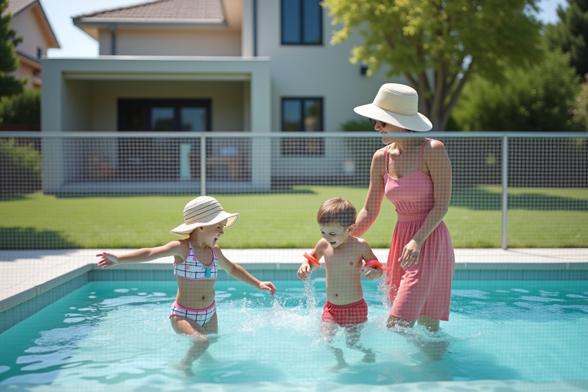 Maman regardant ses enfants jouer derrière la barriere de piscine