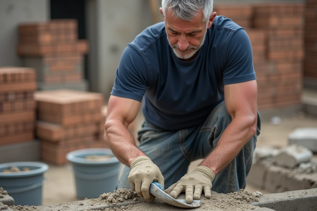 Maçon mesurant du mortier en extérieur avec outils et briques