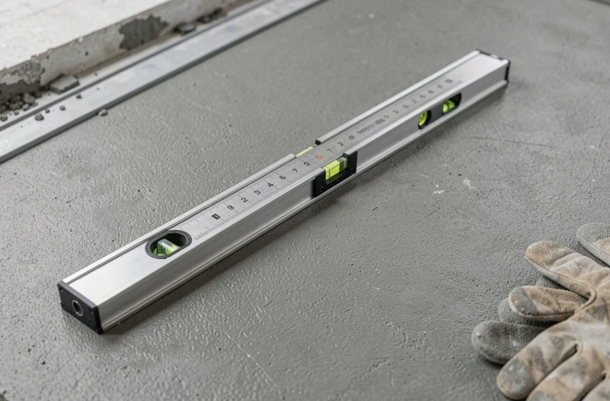 Mesure de l'épaisseur d'une chape de 5 cm avec un calibre de profondeur et un niveau à bulle sur chantier