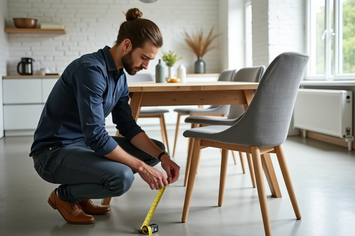 Designer intérieur mesurant la hauteur d'assise d'une chaise salle à manger avec un mètre ruban dans une pièce de style scandinave