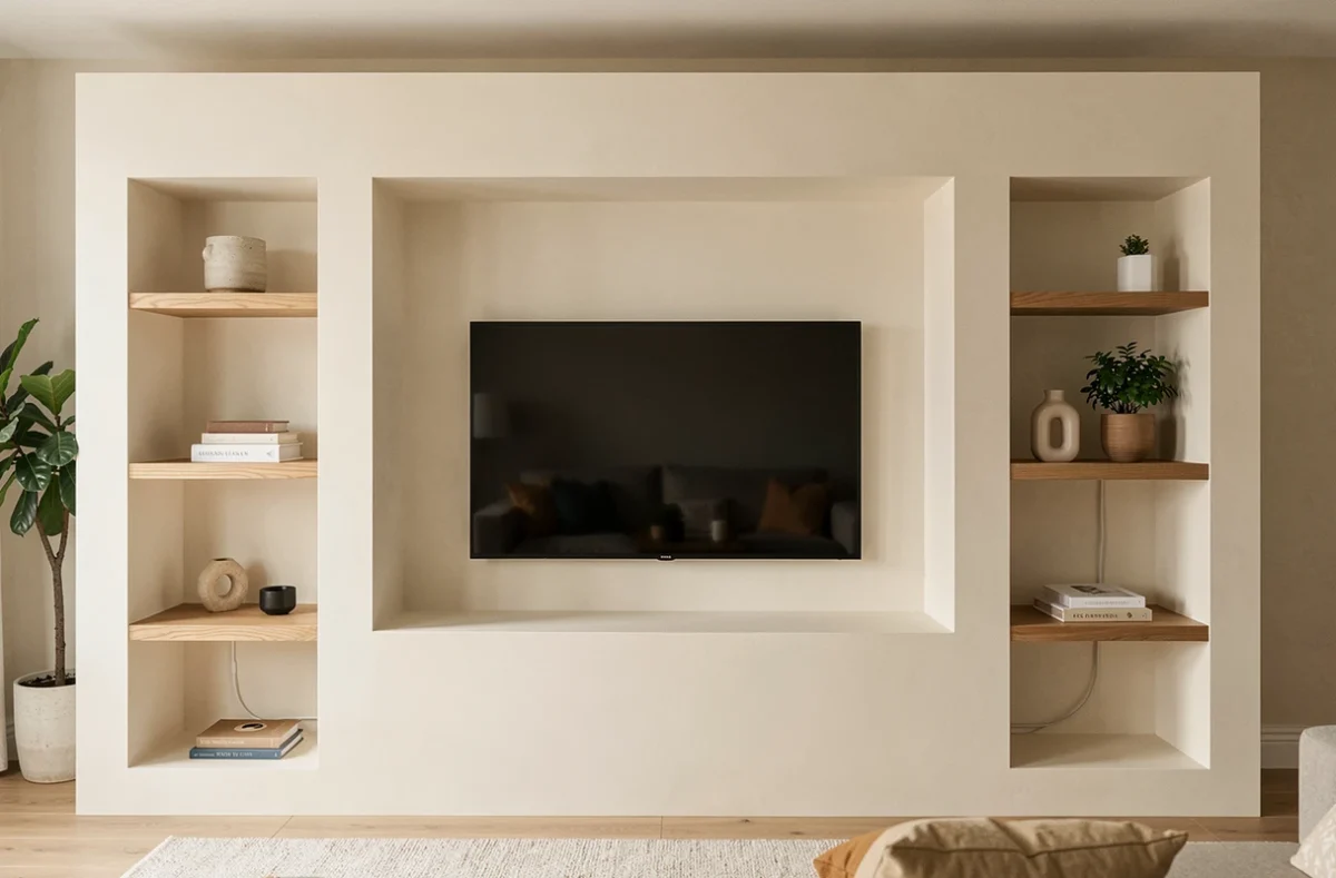 Meuble TV en placo terminé avec niches et étagères en bois dans un salon contemporain, propre et parfaitement droit