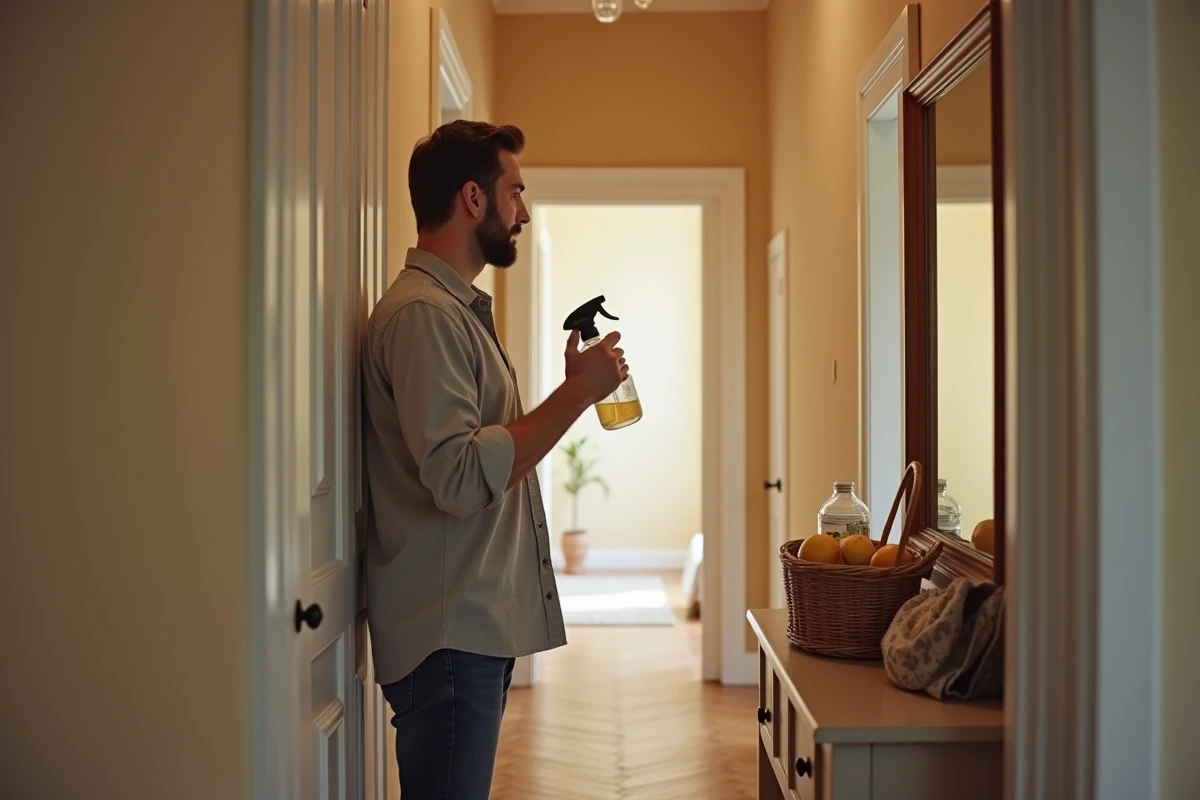 Homme appliquant un spray nettoyant maison sur un grand miroir de couloir avec du vinaigre blanc