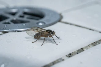 Gros plan réaliste d'une mouche à drains posée sur une bonde de douche en céramique blanche avec joints humides