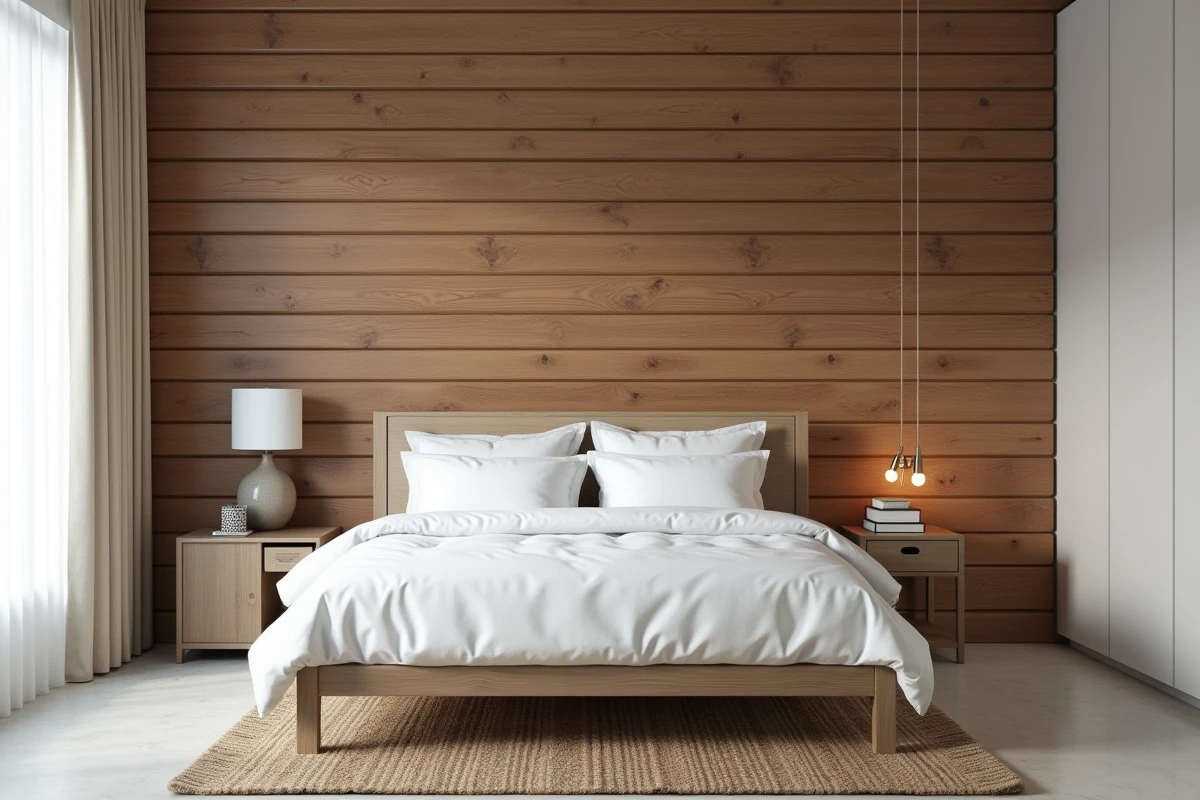 Mur d'accent entièrement recouvert de panneaux tasseaux bois auto-adhésifs en noyer dans une chambre cosy